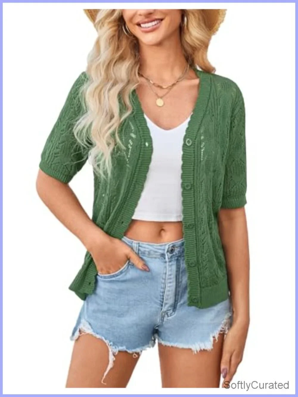 Crochet Short Sleeve Cardigan Lightweight Shrug V-Neck Button Front